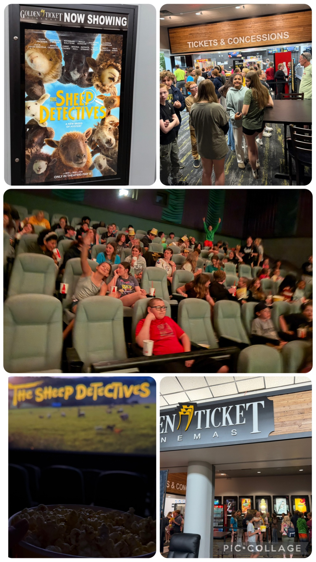 Collage of pictures from the 6th grade trip to the movie theater in Clarion.